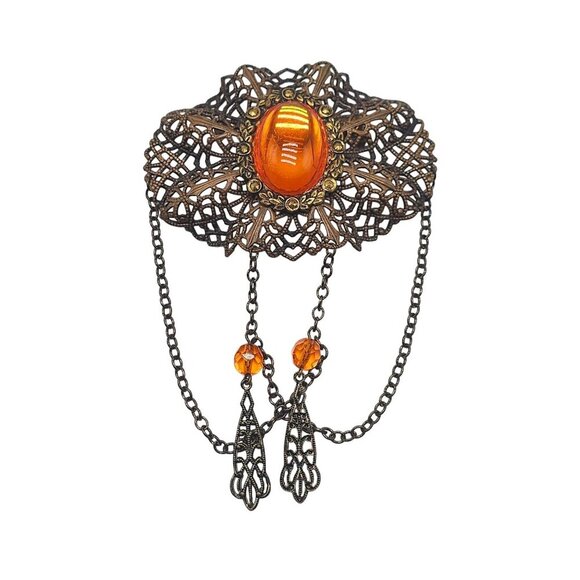 Vintage Czecho Art Deco Filigree Brooch Pin With Amber Glass Cabochon Chains - Picture 1 of 4